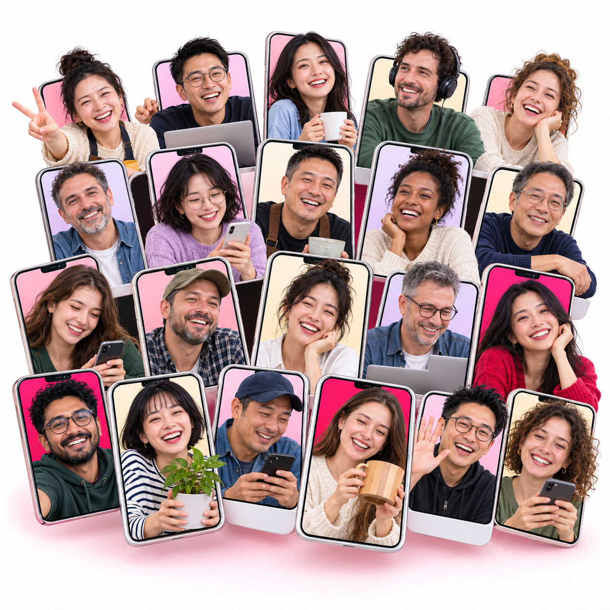 普通卖家与海外用户从大小不一、错落倾斜的手机屏幕中探出,自然交流、使用电脑或分享日常好物